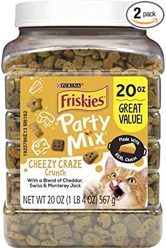 Purina Friskies Party Mix Cat Treats, Cheezy Craze Crunch, Blend of Cheddar, Swiss & Monterey Jack, Cat Treats Made with Real Cheese, 20-Ounce Canister (Pack of 2)