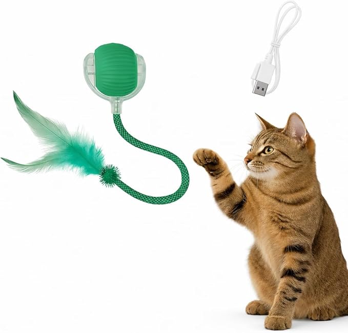 Interactive Cat Toy Ball Green – Smart Rolling Cat Ball with Feather Tail Attachment – Glowing Color Modes – Dual Speed – Automatic Cat Toy for Indoor Cats & Kittens