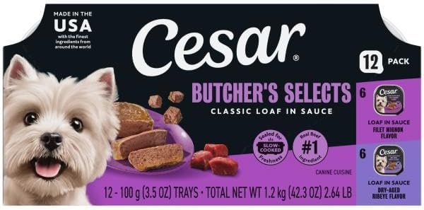 Cesar Classic Loaf in Sauce Wet Dog Food Butcher's Selects Variety Pack, Dry-Aged Ribeye Flavor and Filet Mignon Flavor, 3.5 oz. Easy Peel Trays, Variety Pack (12 Count, Pack of 1)