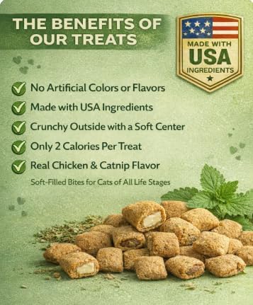 Catnip Cat Treats Bundle - Crunchy Soft Filled Bites + Chicken Puree Squeeze Tube - Healthy Training Treats Indoor Cats Kittens Senior - Low Calorie Food Topper No Artificial Flavors Wheat Soy Free
