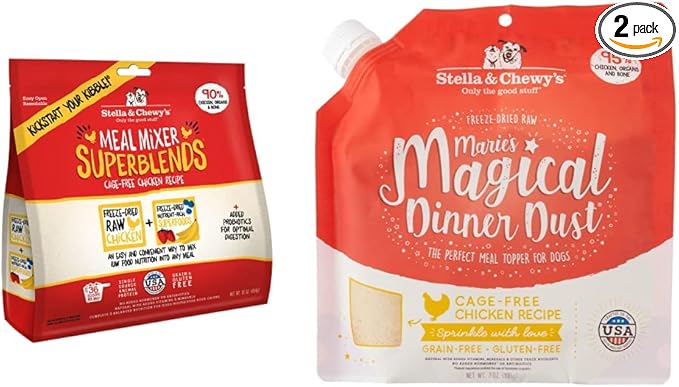 Stella & Chewy's Freeze Dried Raw Cage-Free Chicken Meal Mixers, 16 oz Bag & Freeze-Dried Raw Marie's Magical Dinner Dust – Protein Rich, Grain Free Dog & Puppy Food Topper – 7 oz Bag