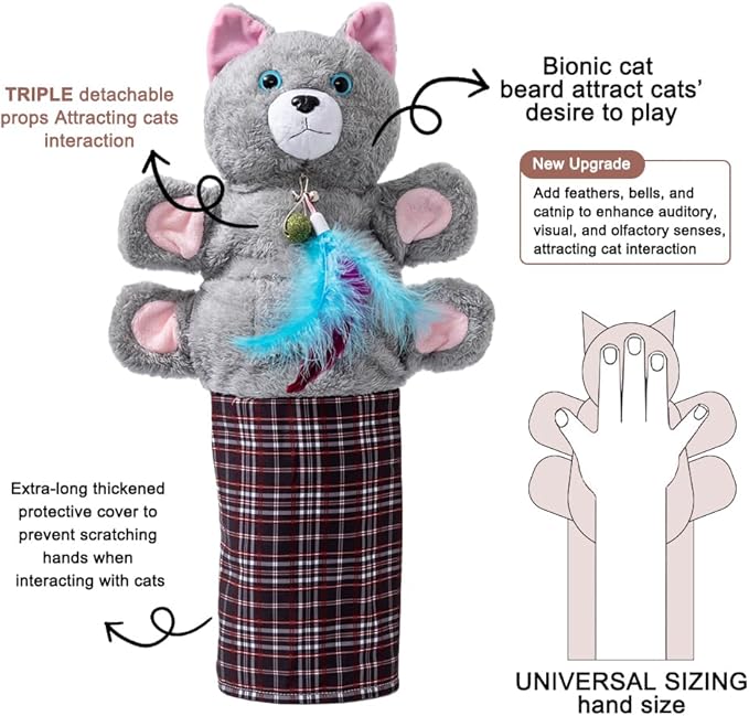 Interactive Cat Wrestling Puppet Toy with Feather Teaser - Thickened Bite-Resistant Training Glove for Safe Play, Realistic Prey Mimicry for Indoor Cats, Boredom Relief & Exercise, Grey