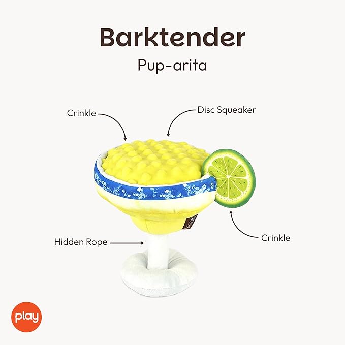 P.L.A.Y. Cute Plush Dog Toys - Barktender Bar & Drink Themed Durable Squeaker Toy, Great for Puppies & Small, Medium, Large Dogs - Hidden Rope, Crinkle, Machine Washable, Recycled Material (Margarita)