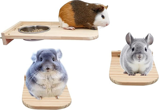 Chinchilla Wooden Platform Set with Feeding Bowl, Wooden Guinea Pig Cage Platform, Small Animals Perch Stand Board, Cage Accessories for Hamster Rats Squirrel Gerbil Birds Parrots Parakeets Guinea Pig