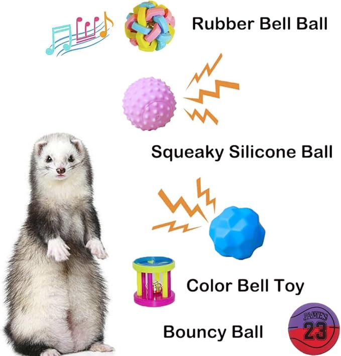 12 pcs Ferret Squeaky Toys Balls Squeaker Toys Teething Chewing Toy Colorful Bouncy Rubber Bell Balls Mylar Crinkle Interactive Sound Exercise Scratch Chew Toy for Ferrets Pet Cat Dog