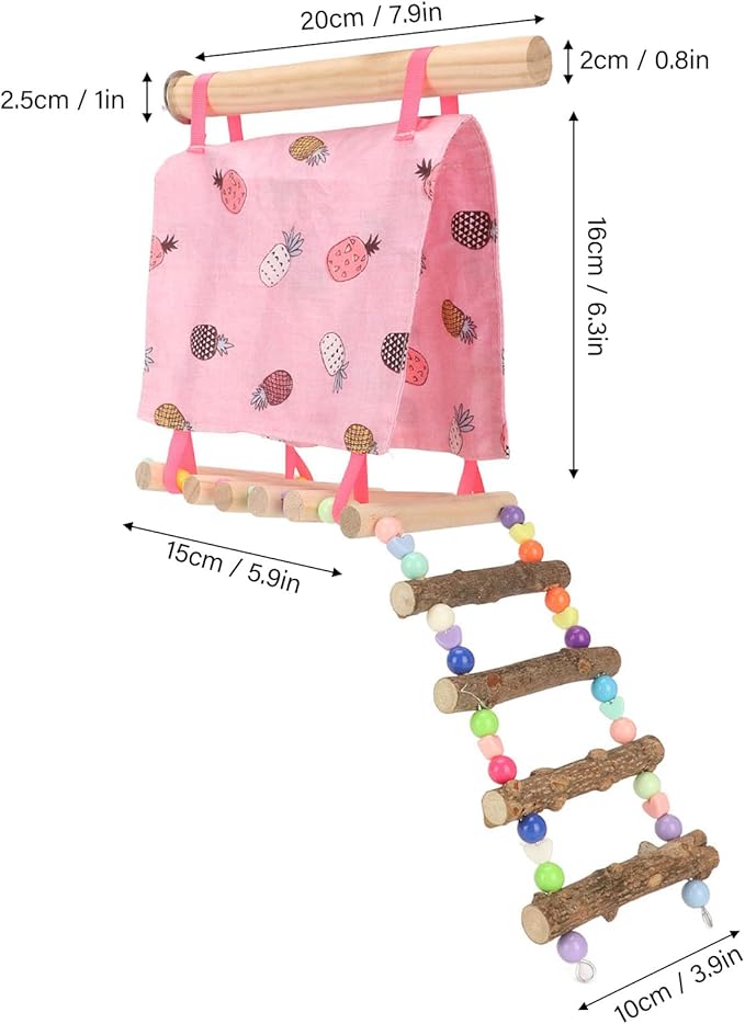 Bird Nest Hut Hammock Tent with Ladder, Parrot Snuggle Tent with Open Front and Back, Vibrant Color Climbing Toy for Small Birds, Safe Cloth and Wood Bird Cage Accessory