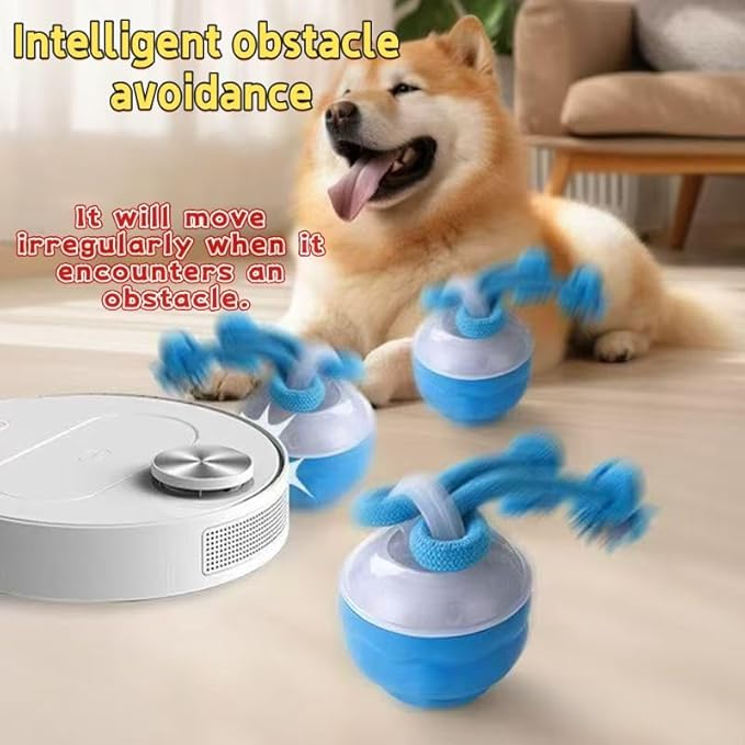Interactive Dog Toy Ball with Smart Obstacle Avoidance, Irregular Movement, and Simulated Bird Calls, Suitable for Dogs and Cats. Type-C Charging (Blue, with 1 Free Knot).