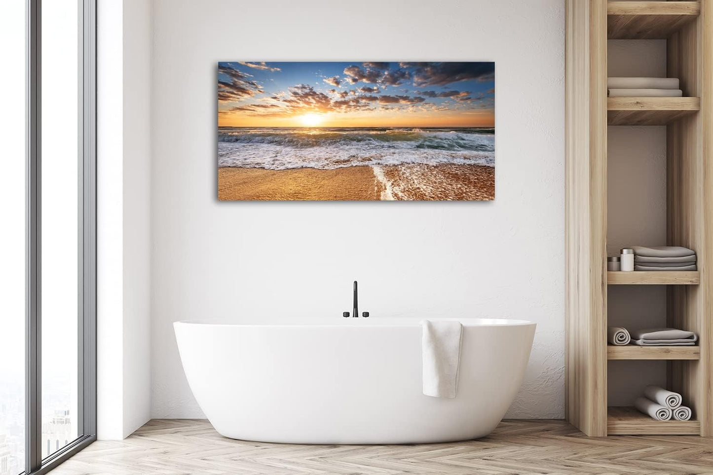 Jiuqinghua Wall Art Decor Large Canvas Print Picture Sunrise over the Sea 1 Panel Ocean Beach Waves Scenery Painting Artwork for Office Wall Decor Home Decoration Stretched and Framed Ready to Hang