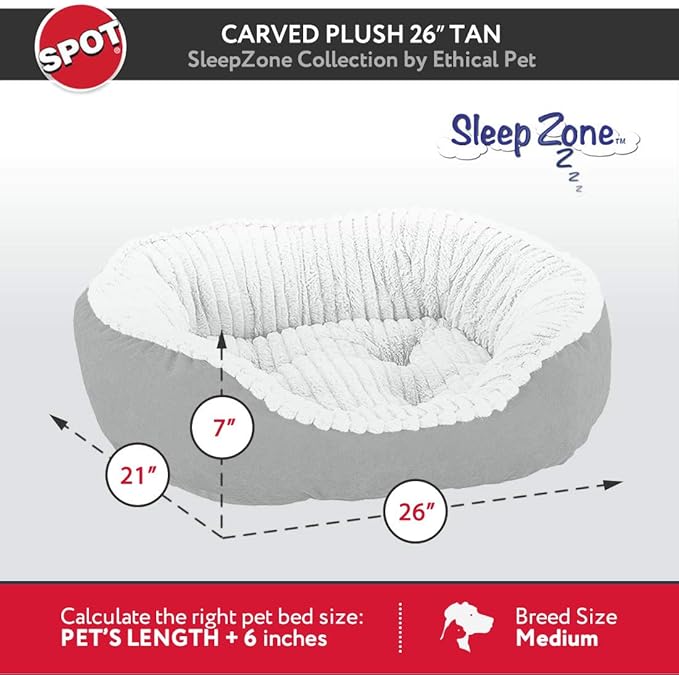 SPOT Sleep Zone Faux Suede Carved Plush Lounger, Cuddler, Napper Dog Bed - Fabric Bottom - 26X21 Inches/Tan/Attractive, Durable, Comfortable, Washable