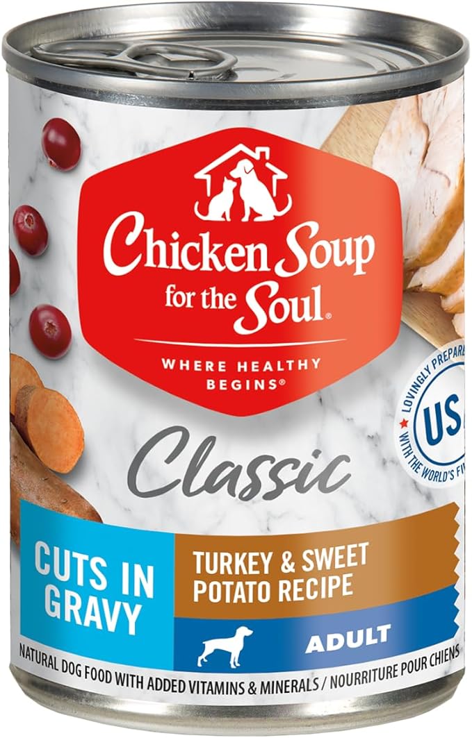 Chicken Soup for the Soul All Natural Premium Adult Wet Dog Food, Real Meat First Ingredient, No By-Products/Artificial Flavors/Preservatives, Turkey & Sweet Potato Cuts in Gravy, 13oz (Pack of 12)