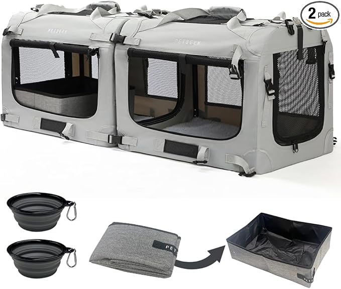 Extra Large Cat Carrier Soft Sided, Portable Small Dog Carrier for 2 Cats, 24"x16.5"x16" Car Travel Folding Comfortable Design with Litter Box and Bowls, Grey-2+ Litter Box+ Bowl*2