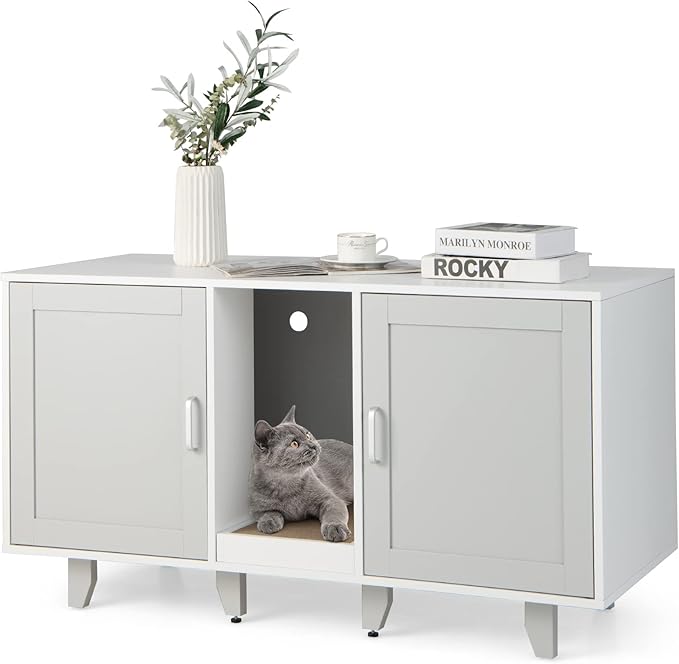 PETSITE Litter Box Enclosure for 2 Litter Boxes, Hidden Cat Washroom TV Stand End Table with 2 Cabinet, Scratching Board, Indoor Cat Litter Furniture Grey
