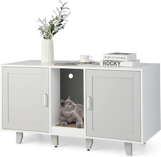 PETSITE Litter Box Enclosure for 2 Litter Boxes, Hidden Cat Washroom TV Stand End Table with 2 Cabinet, Scratching Board, Indoor Cat Litter Furniture Grey