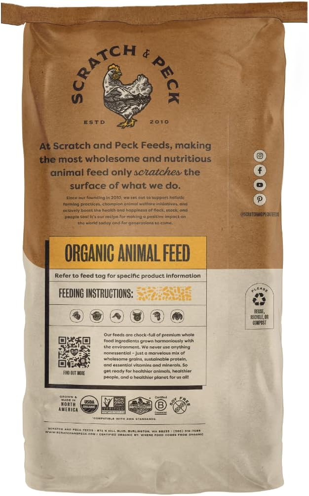 Scratch and Peck Feeds Whole Grain Scratch + Corn Chicken and Duck Supplemental Grain - 40 lbs Bag - Soy-Free - 9% Protein, Certified Organic and Non-GMO Project Verified Chicken Food