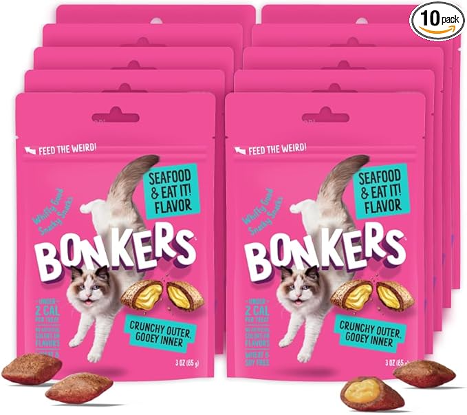 Bonkers Bites Seafood & Eat It Flavor Crunchy & Soft Treats for Cats, 3oz Bag (Pack of 10)