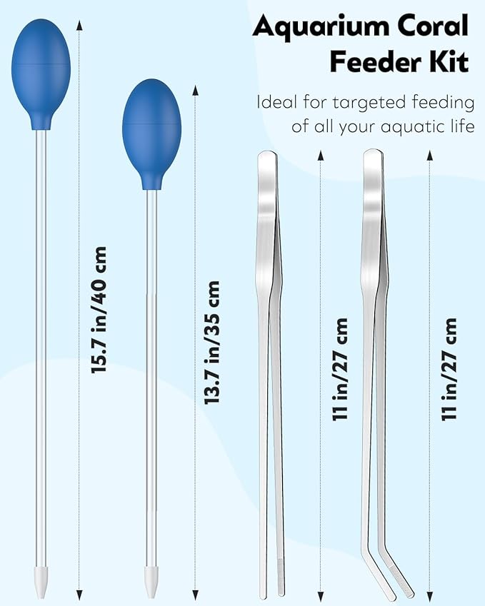 Pawfly Aquarium Coral Feeder Kit, 13.7" & 15.7" Long Tube with 11" Long Tweezers, Coral Food Feeders for Reef Marine Fish Shrimp, Long Acrylic Syringes with Stainless Steel Aquarium Tweezers