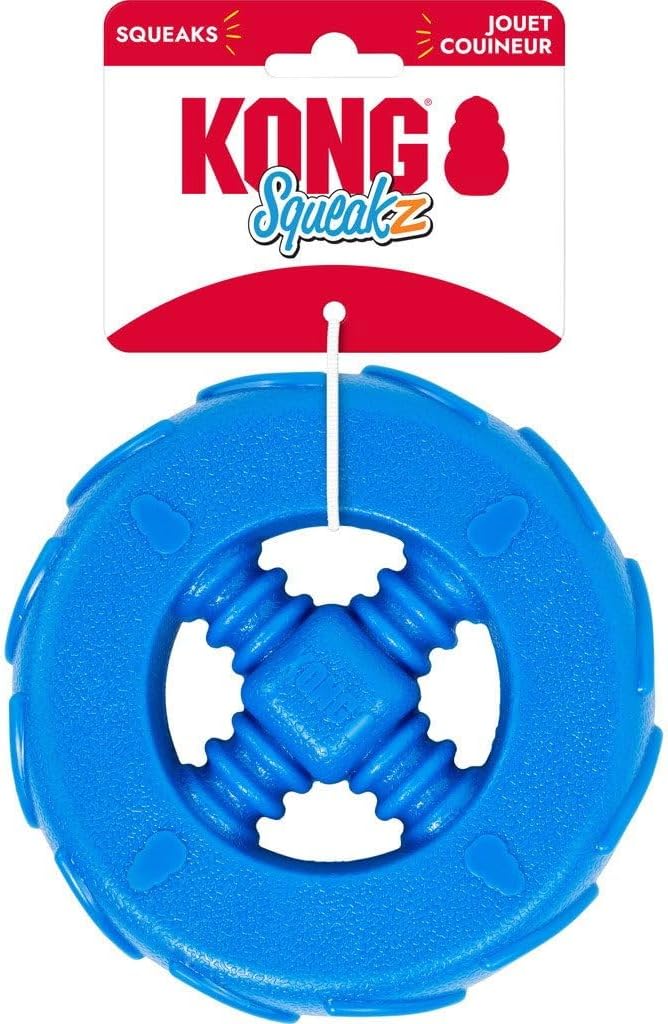 KONG Squeakz Dog Toy – Durable Rubber Fetch & Chew Toy with Squeakers, Interactive Enrichment Toy for Active Dogs (Wheel, Medium)