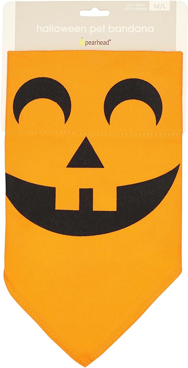 Pearhead Pumpkin Dog Bandana, Fall Pet Scarf for Halloween Costume, Slip-On Collar Accessory for Medium Large Pets, Autumn Puppy Outfit, Orange Seasonal Apparel