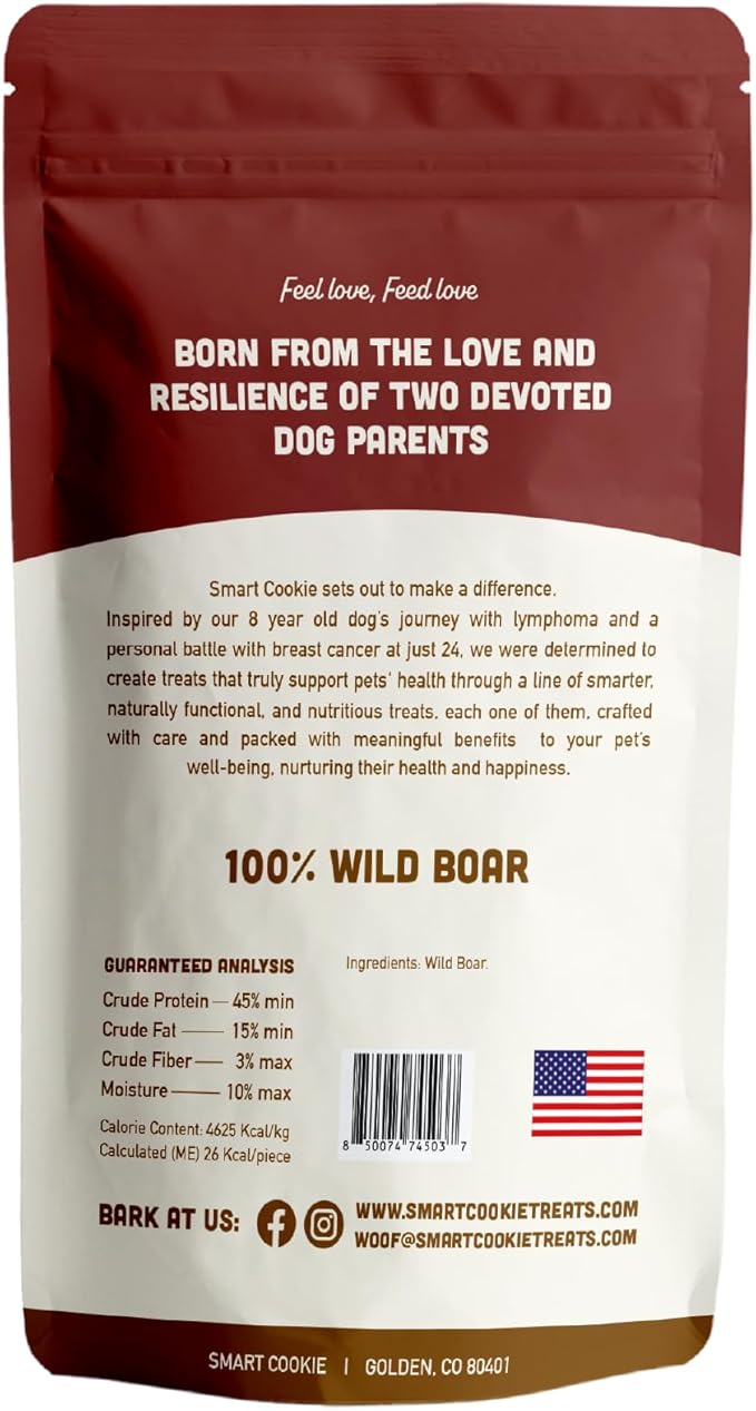 Smart Cookie 100% Wild Boar Jerky Dog Treats - Single Ingredient Hypoallergenic Training Treats for Dogs and Puppies with Sensitive Stomachs - 100% Boar Meat, Grain Free, Made in USA - 3oz (3 Pack)