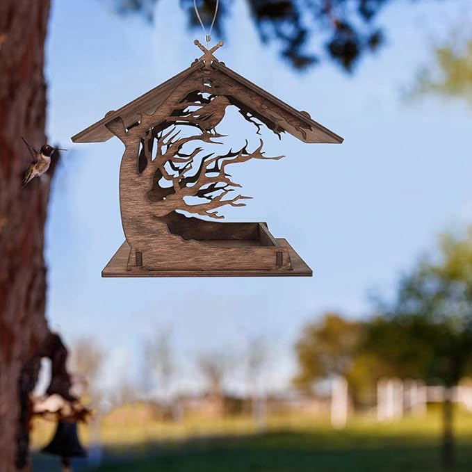 Milisten Wooden Decorative Bird Feeder House with Hanging Bird Food Container for Garden Outdoor Nesting and Wildlife Feeding, Brown Wood DIY Birdhouse for Backyard Birding