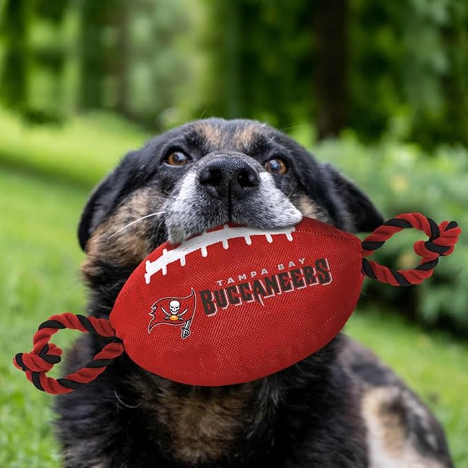 Pets First NFL Tampa Bay Buccaneers Football Dog Toy, Tough Quality Nylon Materials, Strong Pull Ropes, Inner Squeaker, NFL Team Color