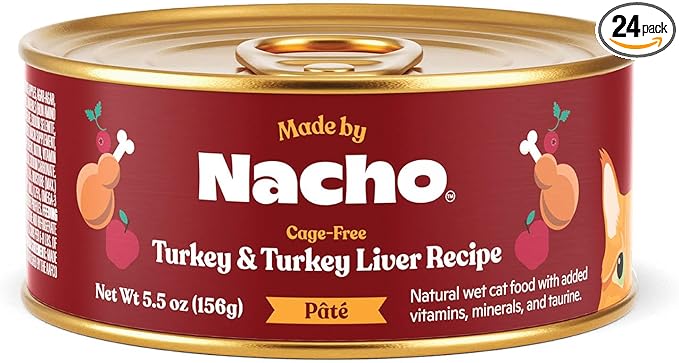 Made by Nacho Premium Wet Cat Food Grain-Free Pate Cans (Turkey & Turkey Liver - 24 Pack, 5.5 Ounce)