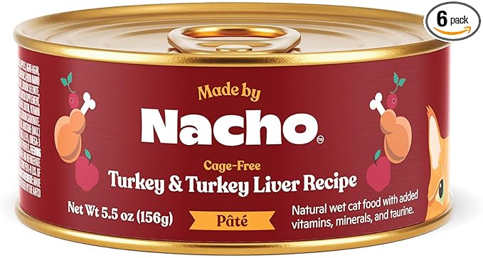 Made by Nacho Premium Wet Cat Food Grain-Free Pate Cans (Turkey & Turkey Liver - 6 Pack, 5.5 Ounce)