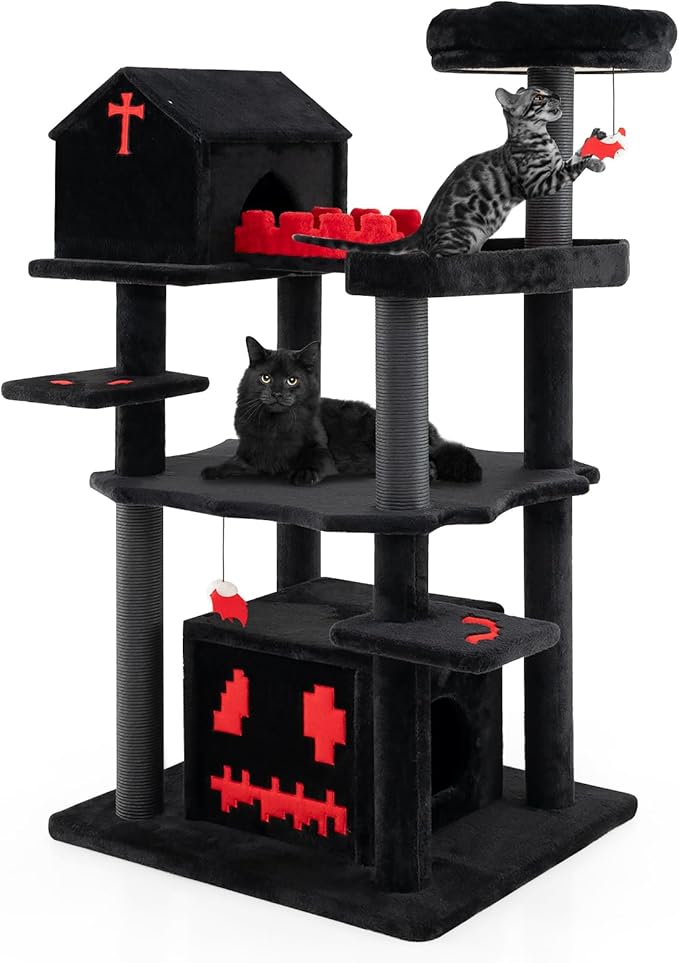 PETSITE 49 inch Gothic Cat Tree, Multi-Level Halloween Goth Cat Tree Tower with Coffin Bed, Scratching Posts, 2 Condos, Cozy Top Perch, Bat-Shaped Teasing Balls, Black