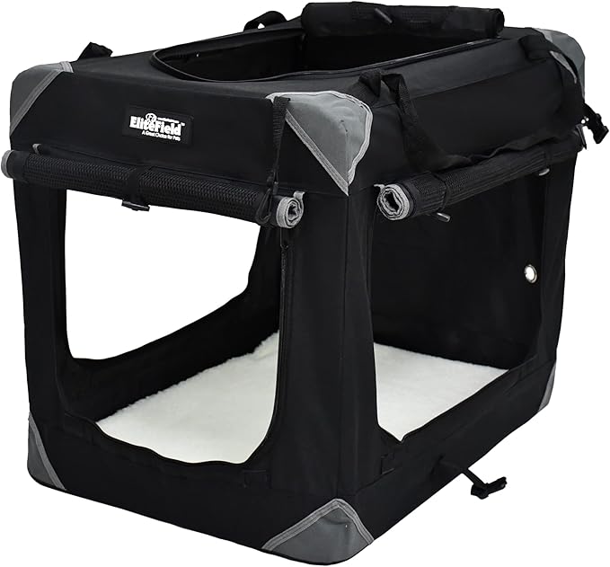 EliteField 4-Door Folding Soft Dog Crate with Curtains, Carrying Bag and Fleece Bed (2 Year Warranty), Indoor & Outdoor Pet Home (36" L x 24" W x 28" H, Black+4 Door Curtains)