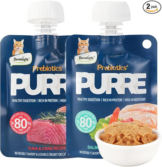 Prebiotics Purre Lickable Wet Cat Treat, Tuna & Crab Recipe, High in Probiotics, Calcium and Fish Oil, No Additives, (55gx2, 2 Flavors)