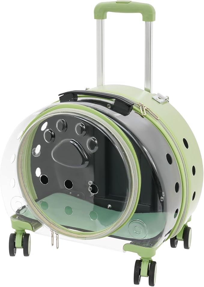 4-Wheel Rolling Cat Carrier, Hard Shell Pet Carrier with Ventilation Holes, Adjustable Handle Cat Travel Carrier, Lightweight Pet Stroller for Airplane, Car, Fits Pets up to 19.8lbs (Green)