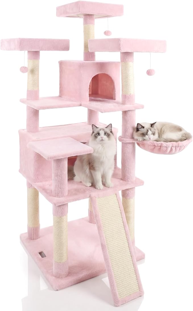 DORTALA Multi-Level Cat Tree, 65" Tall Cat Tower with 3 Plush Perch, 2 Condos, Basket Bed, Sisal Scratching Posts & Board, Hanging Pompoms, Indoor Pet Climbing Furniture (Pink)