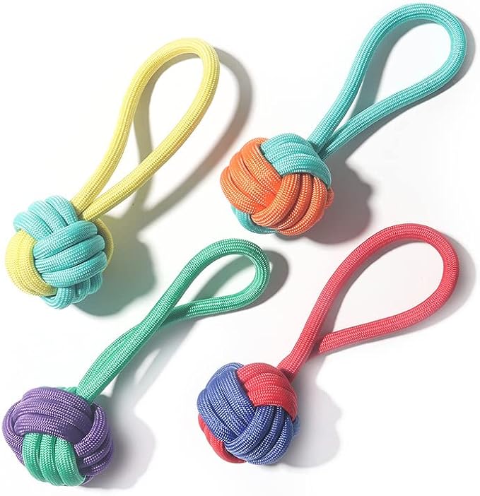 Durable Polypropylene Woven Dog Chew Toy, Dual-Color Single-Ear Rope Ball for Teeth Cleaning, Teething & Interactive Play for Small and Medium Dogs (Purple-Green‌)