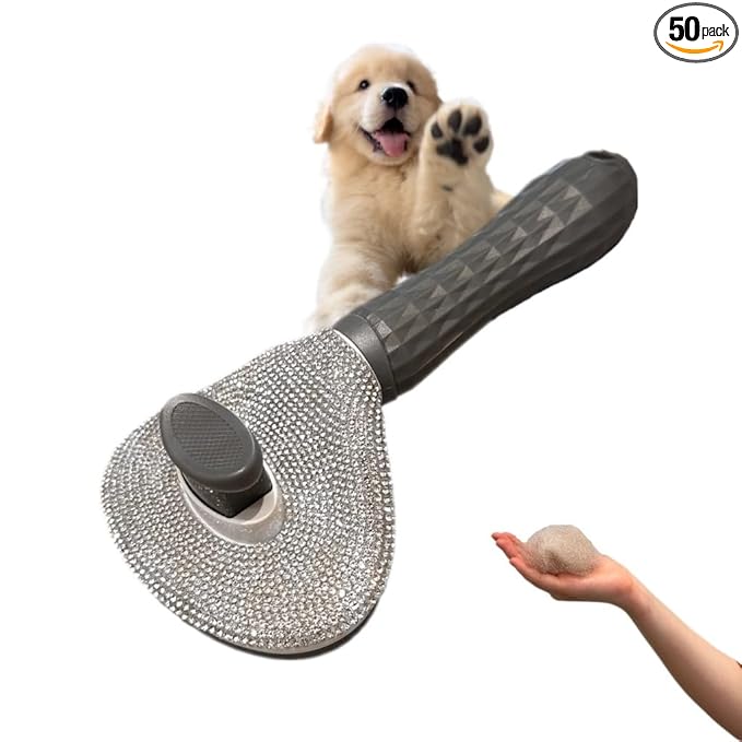 Diamond Rhinestone Cat Hair Brush Deshedding Brush Dog Hair Remover Tool Stainless Steel Comb Slicker Brush with Release Button for Dog Cat Rabbit Shedding Pets Grooming (Gray)
