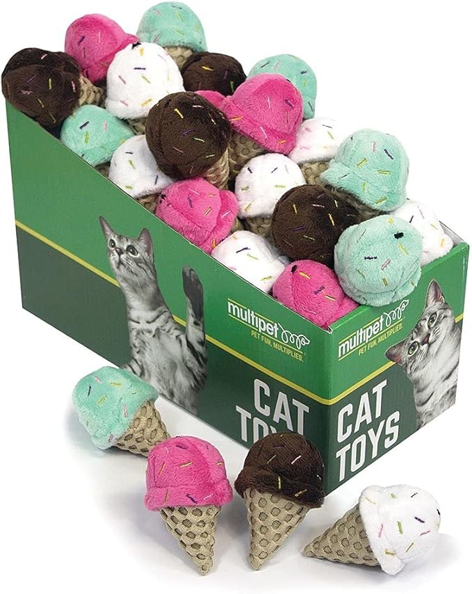 Multipet Ice Cream Cone 25pc. Assorted Colors (Black, White, Pink, and Blue) 25ct Cat Toy