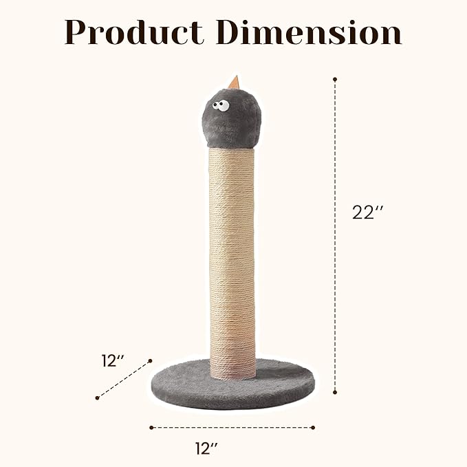 Cat Scratching Post for Small Space, 22'' Scratching Posts for Indoor Cats Adults, Extra Wide 13.4" Stable Base & Natural Sisal, Cute Cat Scratching Post with Short Plush Fabric for Large Cats, Grey