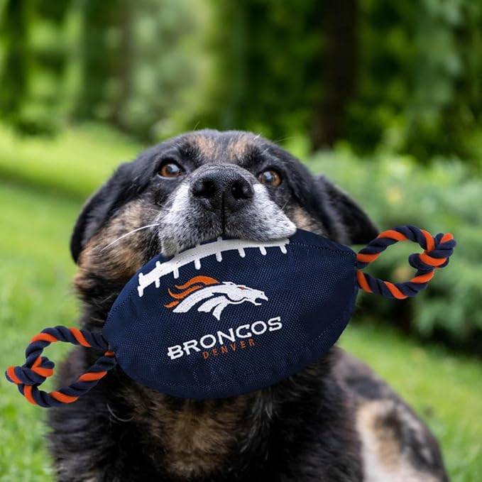 Pets First NFL Denver Broncos Football Dog Toy, Tough Quality Nylon Materials, Strong Pull Ropes, Inner Squeaker, NFL Team Color