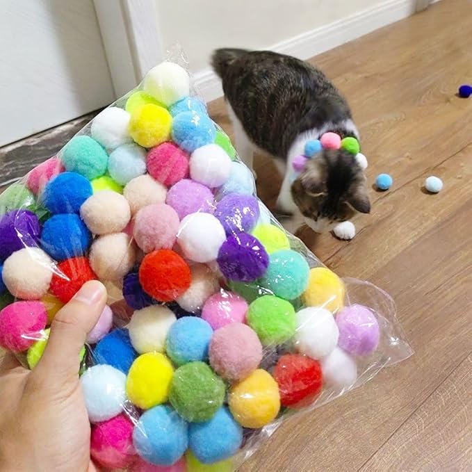 50pcs Cat Toy Ball Launcher Set Fun Colorful Plush Self Play Toys Pom Balls Shooting Interactive for Indoor Cats Enrichment Kittens Puff Ball Playing (Launcher with 50 Balls)