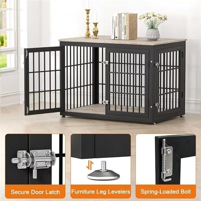 rehomerance 38 Inch Heavy Duty Dog Crate Furniture for Large and Medium Dogs, Decorative Pet House End Table, Wooden Cage Kennel Furniture Indoor, Grey