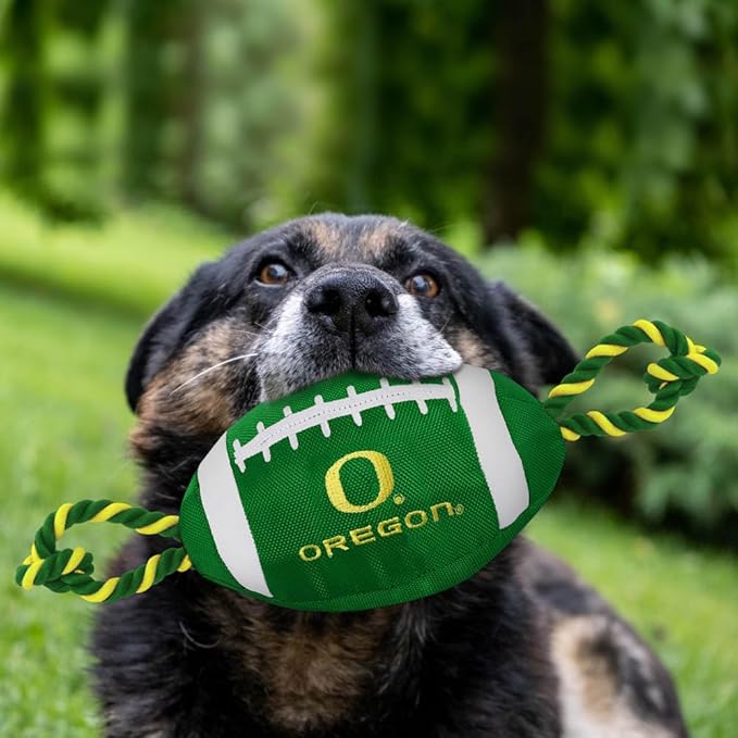 NCAA Oregon Ducks Football Dog Toy, Tough Quality Nylon Materials, Strong Pull Ropes, Inner Squeaker, Collegiate Team Color
