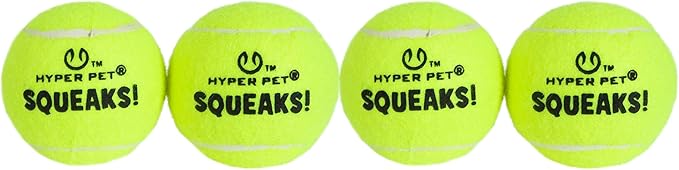 Hyper Pet Squeaks! Tennis Balls Fetch Dog Toy with Squeakers Pack of 4 Green | Durable Non-Abrasive Tennis Balls for Active Dogs | Indoor Outdoor Play | 2.5" Medium Ball