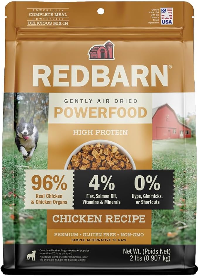 Redbarn Powerfood Air Dried Dog Food - 96% Chicken & Chicken Organs - High Protein Grain-Free Non-GMO Premium Dry Full Feed or Topper Made in USA with Omega 3 Salmon Oil Flaxseed - 2lb