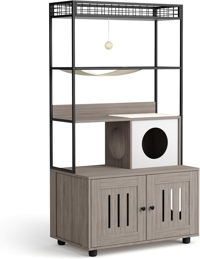 Garvee Cat Litter Box Enclosures with Storage Rack, Enclosed Litter Box Furniture, Hammock, Sisal Balls and Cat Scratching Mat
