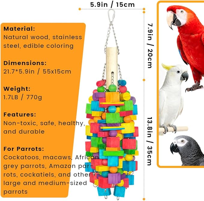 Large Parrot Chew Toy, 20 in 1.65 lb Natural Wood Blocks with Stainless Steel Chain, Bird Foraging Cage Toy for Macaws, Cockatoos, African Greys