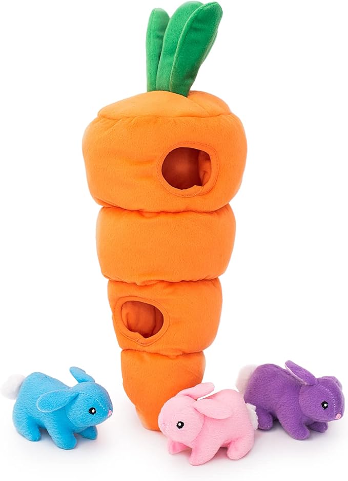 ZippyPaws - Holiday Burrow, Interactive Squeaky Hide and Seek Plush Dog Toy - Easter Carrot