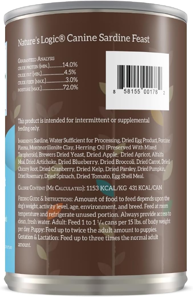 Nature's Logic Grain-Free Canned Dog Food - 95% Animal Proteins - 100% Natural Wet Dog Food Cans - No Common Allergens - All Life Stages - Ideal for Sensitive Dogs - Sardine (13.2 oz, 12 pack)