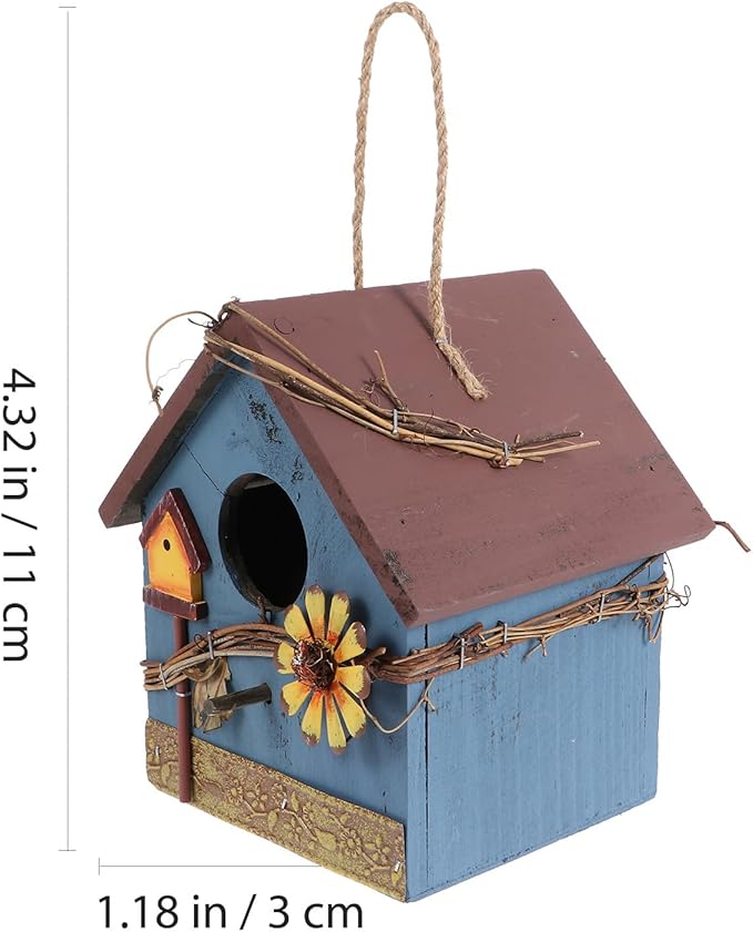 Kisangel Wooden Bird Parrot House Feeder Hanging Wild Bird House Outdoor Garden Blue Metal Edge Birdhouse for Backyard Birding and Wildlife Feeding