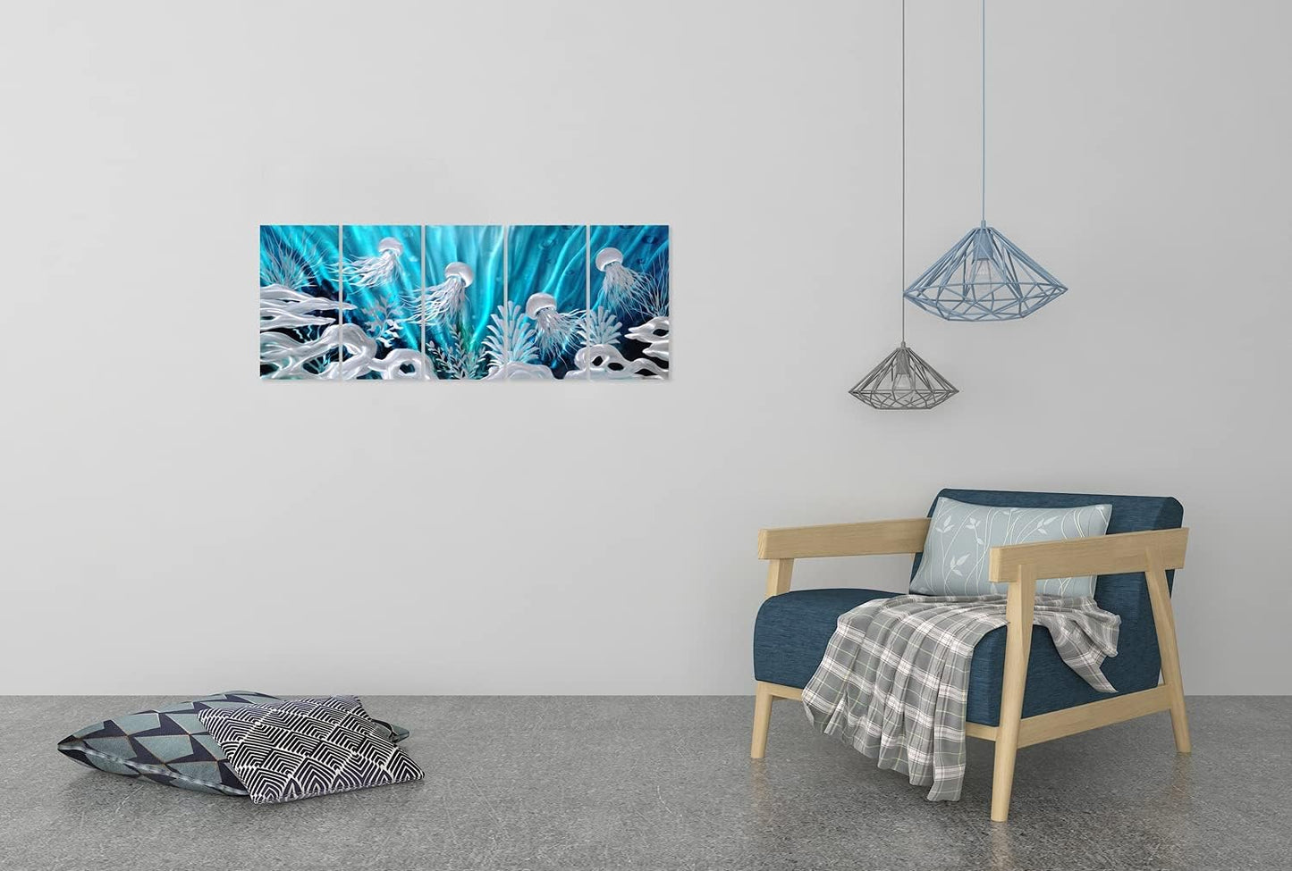 SYGALLERIER Jelly Fish Large Metal Wall Art Hand Grind Aluminum Artwork 3D Undersea World Coastal Pictures Nautical Decor for Living Room Bedroom