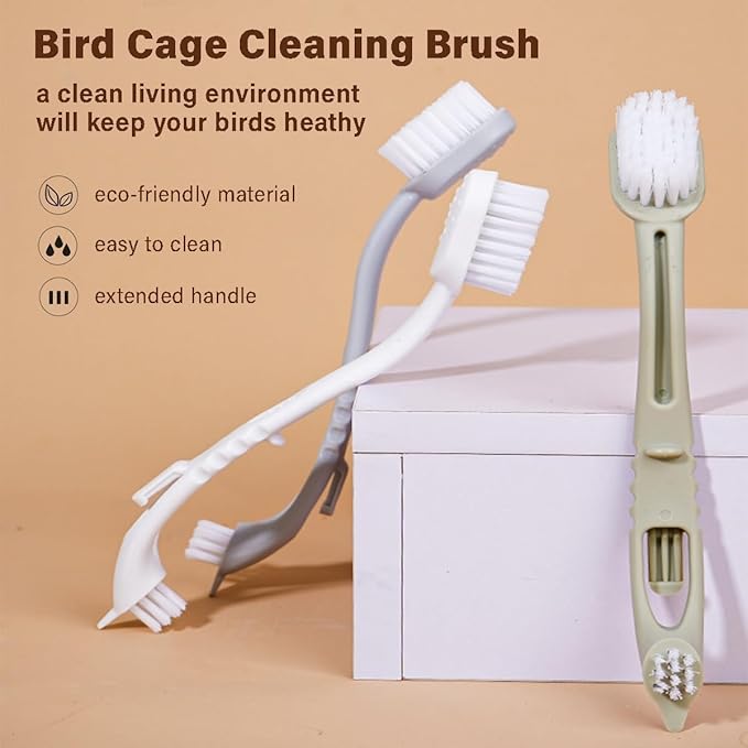 Bird Cage Cleaner with Double Brush Heads Long Handle Cleaning Tool for Small Animal Ferret Bunny Guinea Pigs Cages Food Bowl Pads Groomming (6PC)