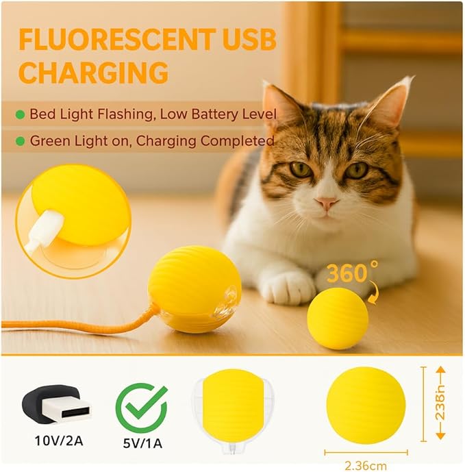 Automatic Cat Toy Ball – Rechargeable Cat Ball with Feather & Ribbon Tail – Light-Up Effects – Smart Rolling Indoor Cat Toys – Dual Speeds – Interactive Cat Toys for Kittens
